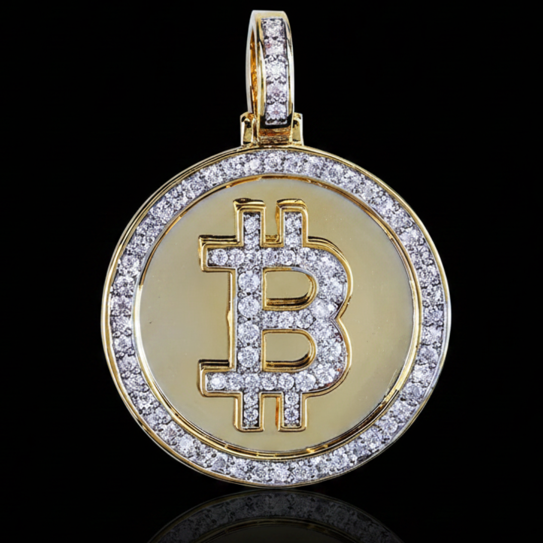Gold Bitcoin pendant with diamonds on a black background
