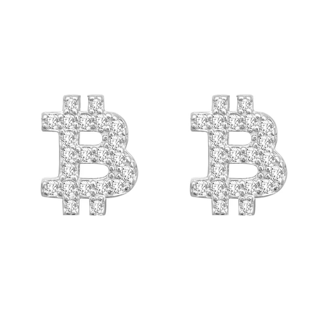 Silver pair earrings featuring the bust-down bitcoin design, iced with VVS Moissanite stones.