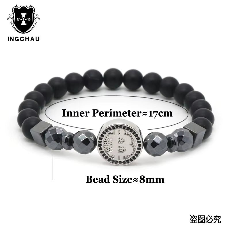 Dimension and size chart for the Bitcoin Energy Bead Bracelet by Hematite Healing & Crypto Creations.