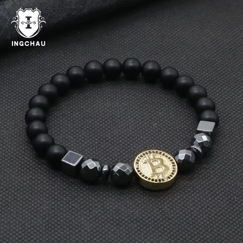 Black and gold Bitcoin Energy Bead Bracelet by Hematite Healing & Crypto Creations