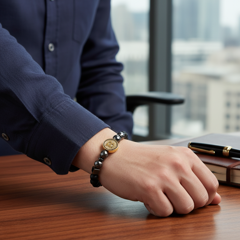 A close-up of a person's hand resting on a wooden desk, wearing a black beaded bracelet watch with a gold-toned round dial. The person is wearing a navy blue button-down shirt, and a notebook and pen are on the desk in the background near a window.