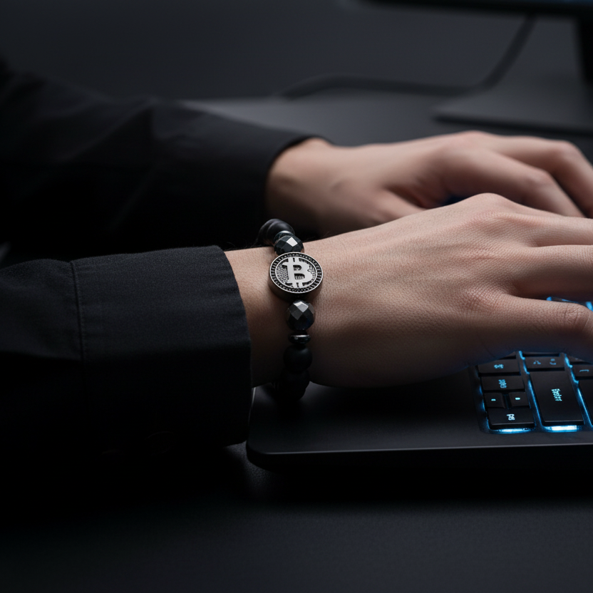 A close-up lifestyle shot of a person's hands typing on a laptop keyboard. The person is wearing a black beaded bracelet watch with a round silver-toned face featuring a Bitcoin symbol.