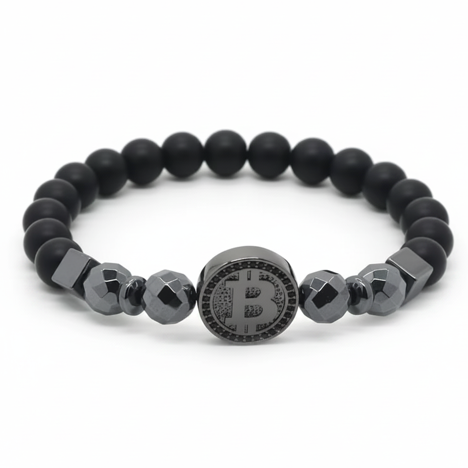 Black beaded bracelet with centered circular motif featuring the Bitcoin-B logo in all black.