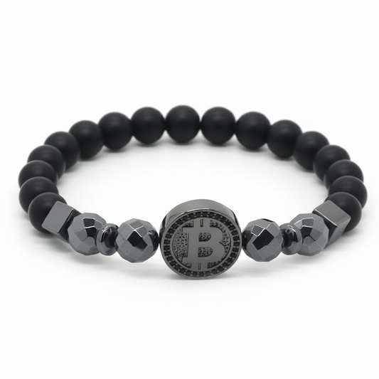 Black beaded bracelet with centered circular motif featuring the Bitcoin-B logo in all black.