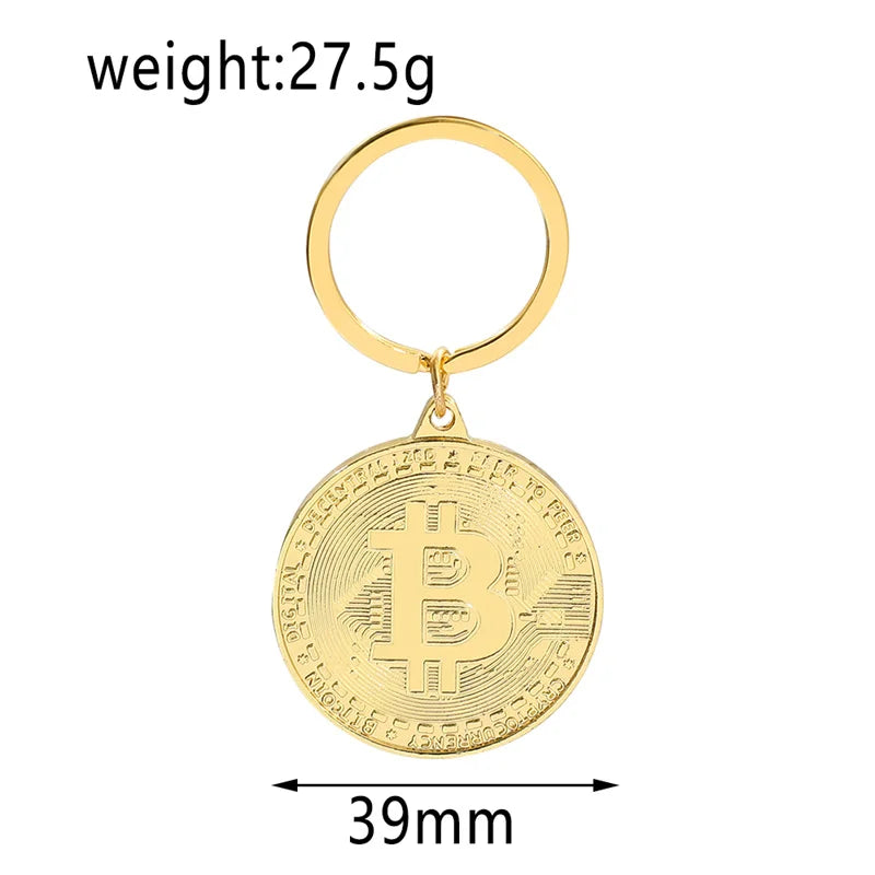 Gold Bitcoin keychain with weight and size measurements on a white background