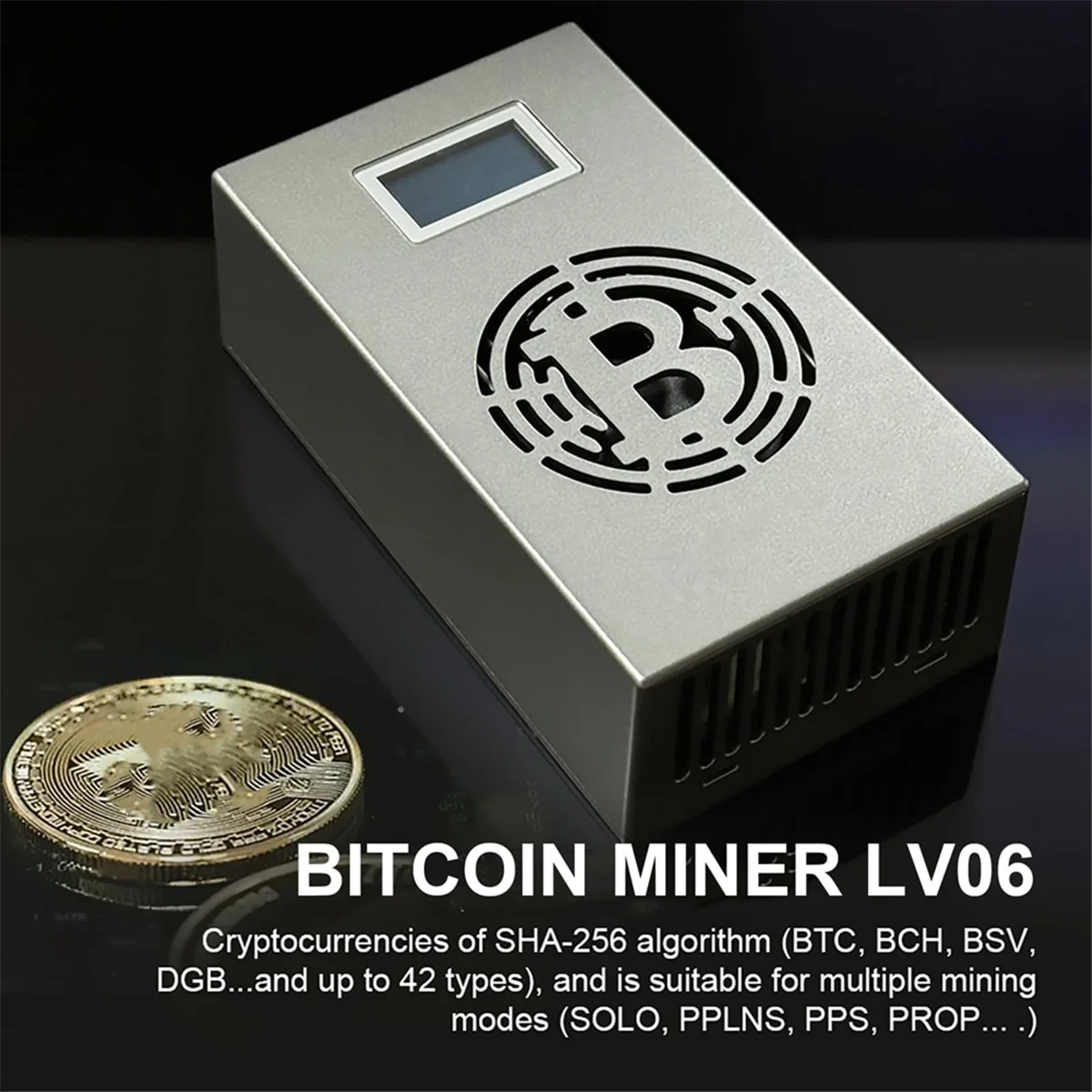 Bitcoin miner LV06 with a coin on a dark background