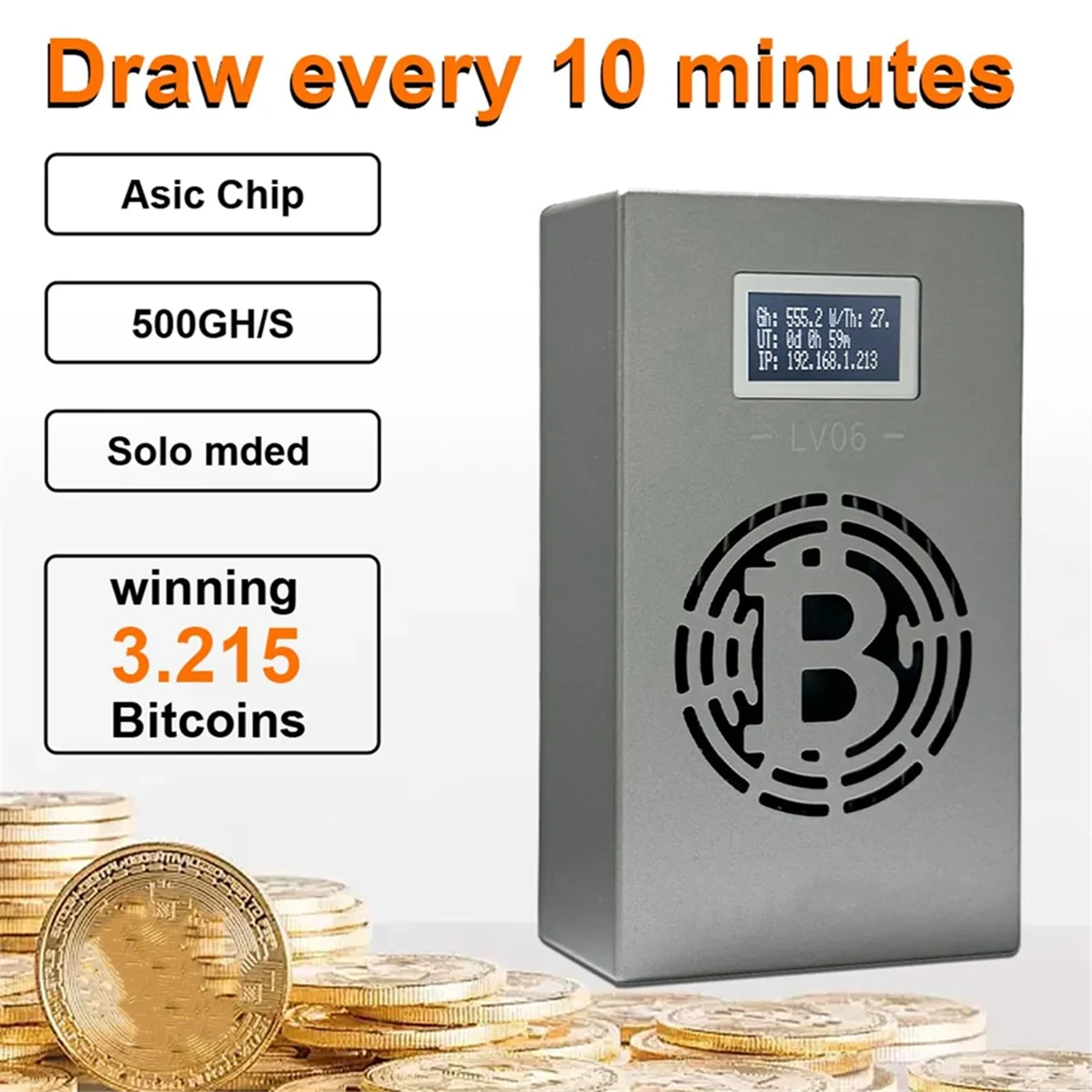 Bitcoin mining device with digital display and gold coins on a white background