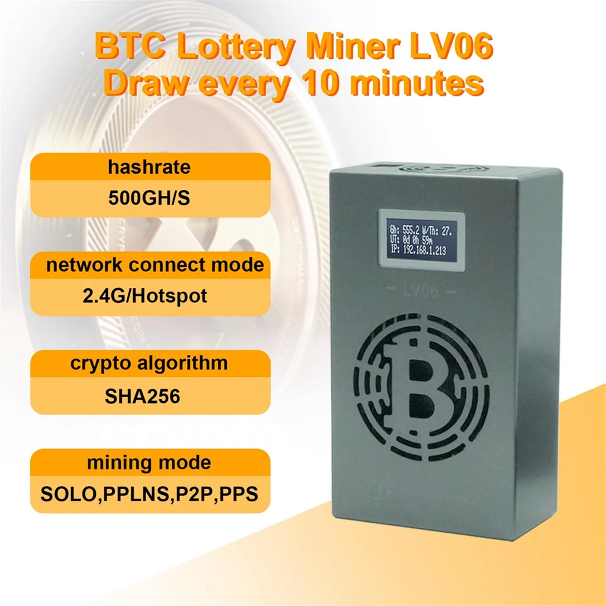 BTC Lottery Miner LV06 with specifications on a gradient background