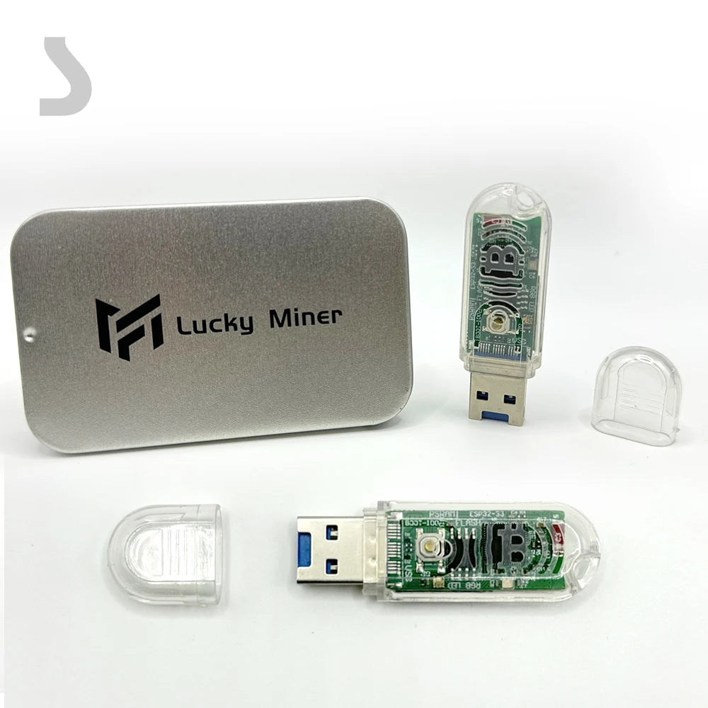 Lucky Miner hardware with USB devices on a white background