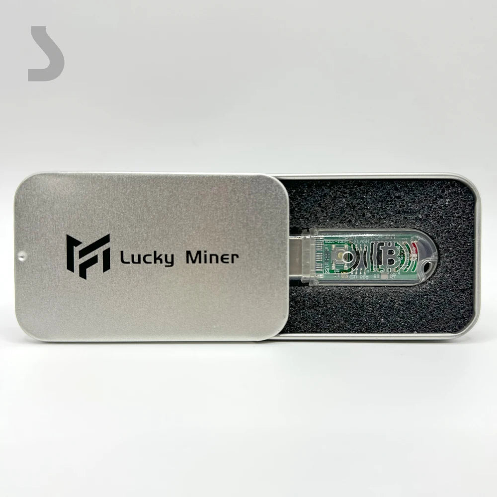Lucky Miner device in a metallic casing on a white background