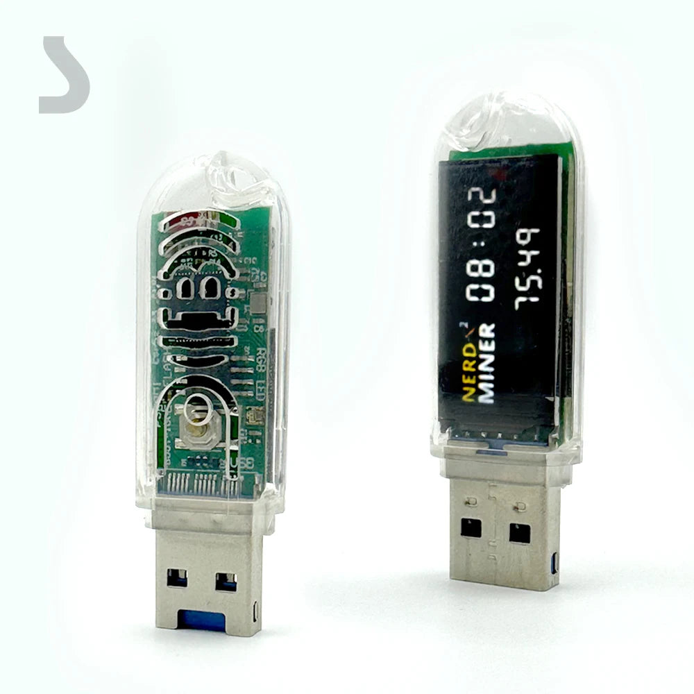 Two Bitcoin USB Lucky Miner devices with digital displays on a white background.