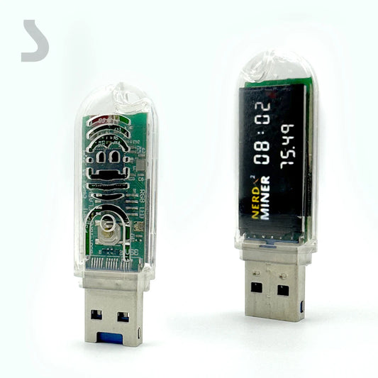 Two Bitcoin USB Lucky Miner devices with digital displays on a white background.