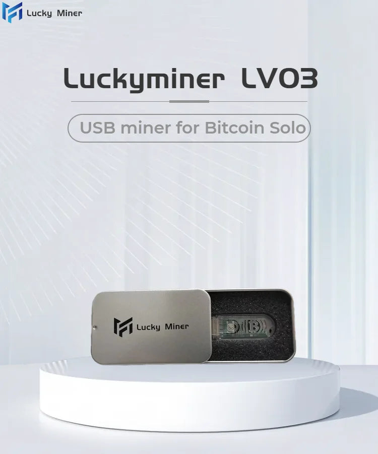 Luckyminer LVO3 USB miner for Bitcoin Solo on a white background
