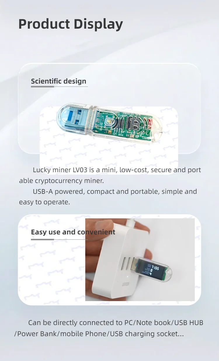 Lucky miner LV03 cryptocurrency miner with text on a light gray background