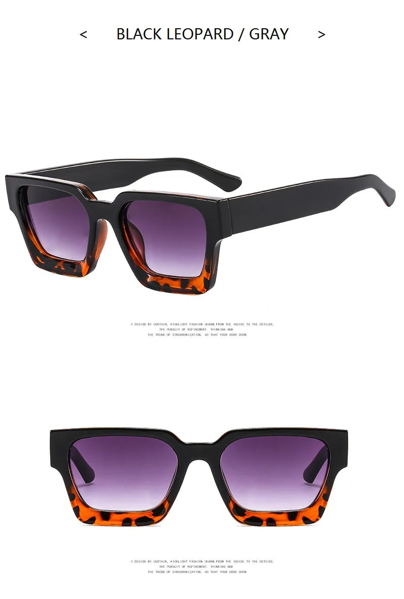 Sunglasses with black frame and leopard print arms on a white background