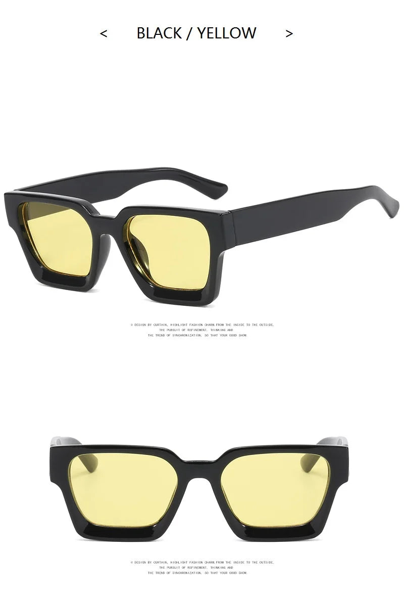 Black-framed sunglasses with yellow lenses on a white background