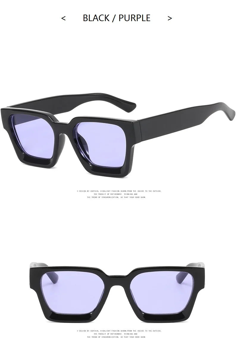 Black sunglasses with purple lenses on a white background