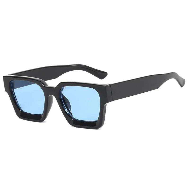 Black sunglasses with blue lenses on a white background
