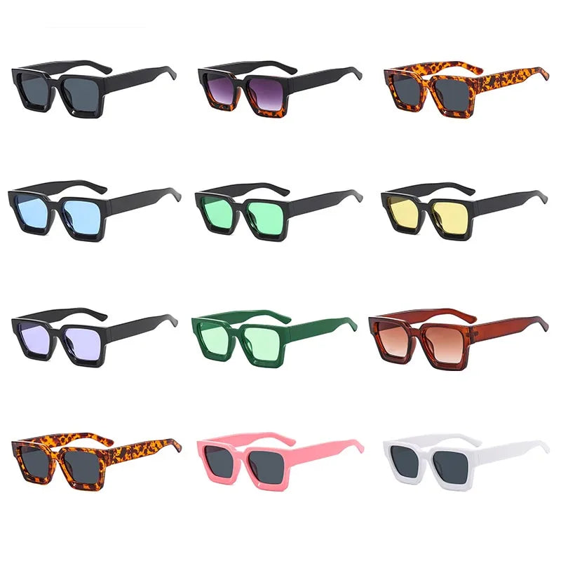 Collection of various sunglasses with different colors and designs on a white background