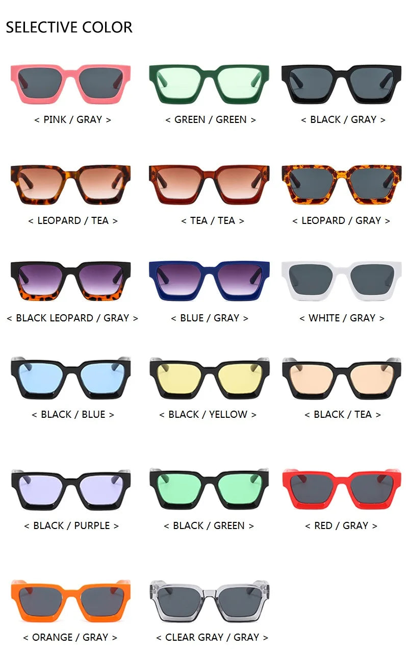 Collection of sunglasses with various color combinations displayed in a grid.