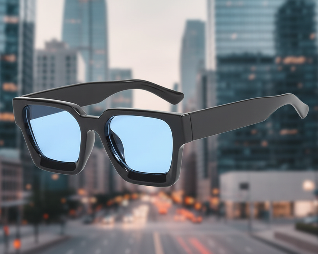 Sunglasses with black frame and blue lenses against a cityscape background