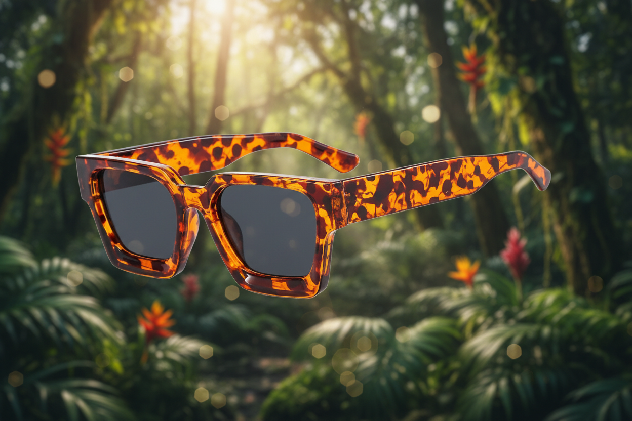 Leopard print sunglasses with dark lenses on a blurred rainforest background.