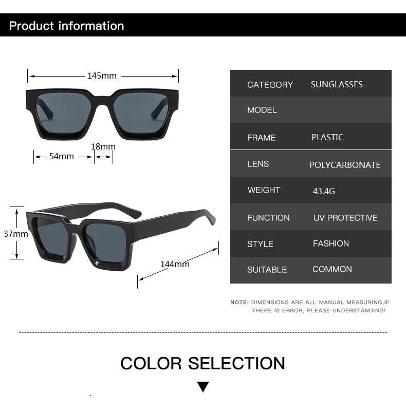 Sunglasses with dimensions and product information on a white background