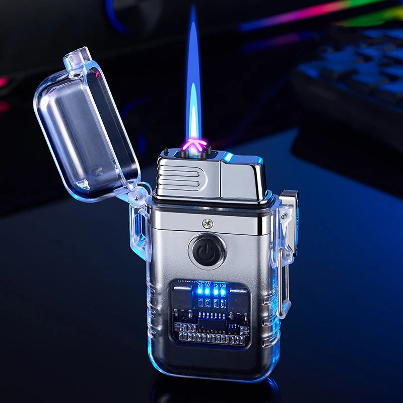 Electronically ignited lighter with blue flame on a dark background