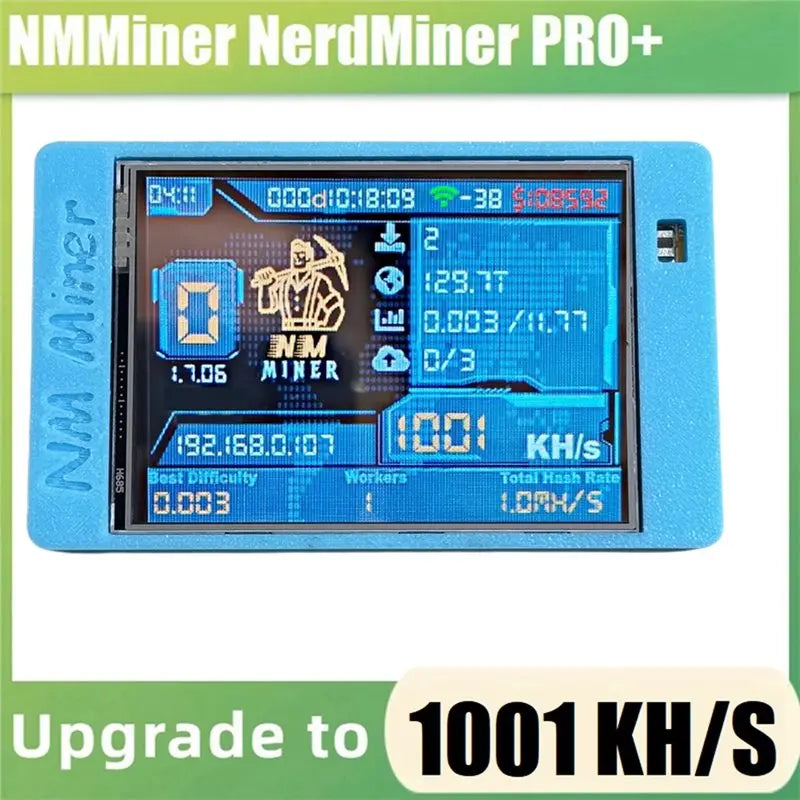 Blue NMMiner NerdMiner PRO+ device with digital display on a white background