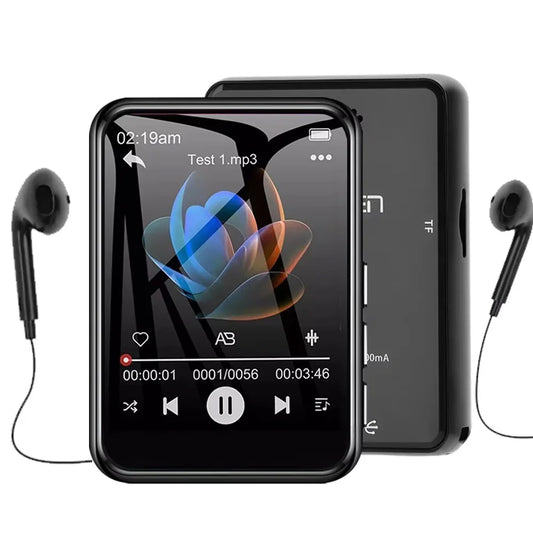 Black digital music player with earphones on a white background