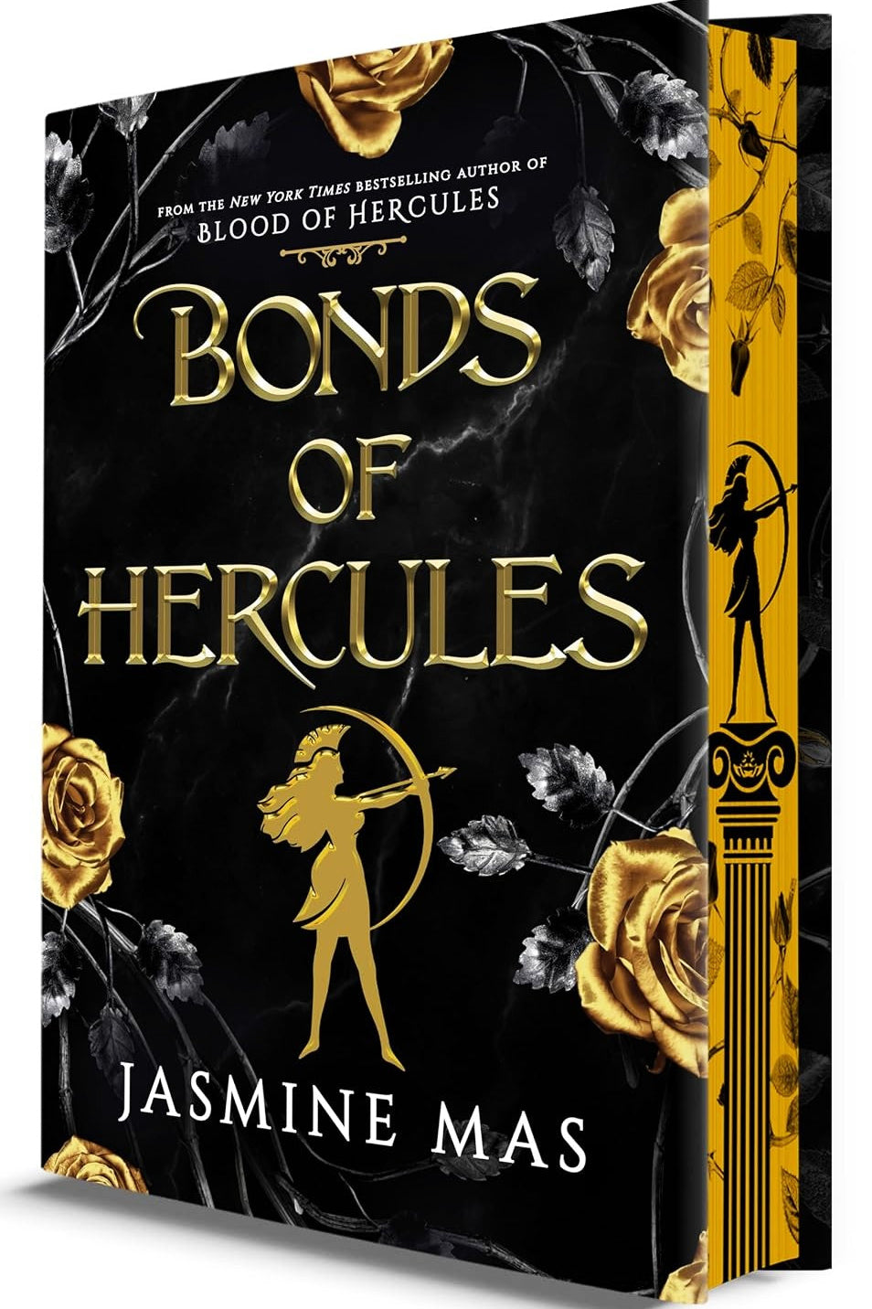 Angled image displaying front cover of Bonds of Hercules by Jasmine Mas — original and deluxe hardcover editions published by Harlequin Enterprises ULC (2025).