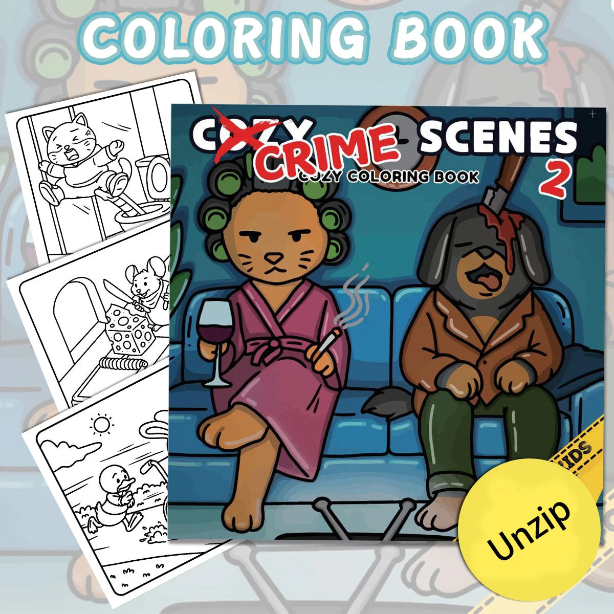 Coloring book titled 'Crazy Crime Scenes' with two characters on a couch and coloring pages.