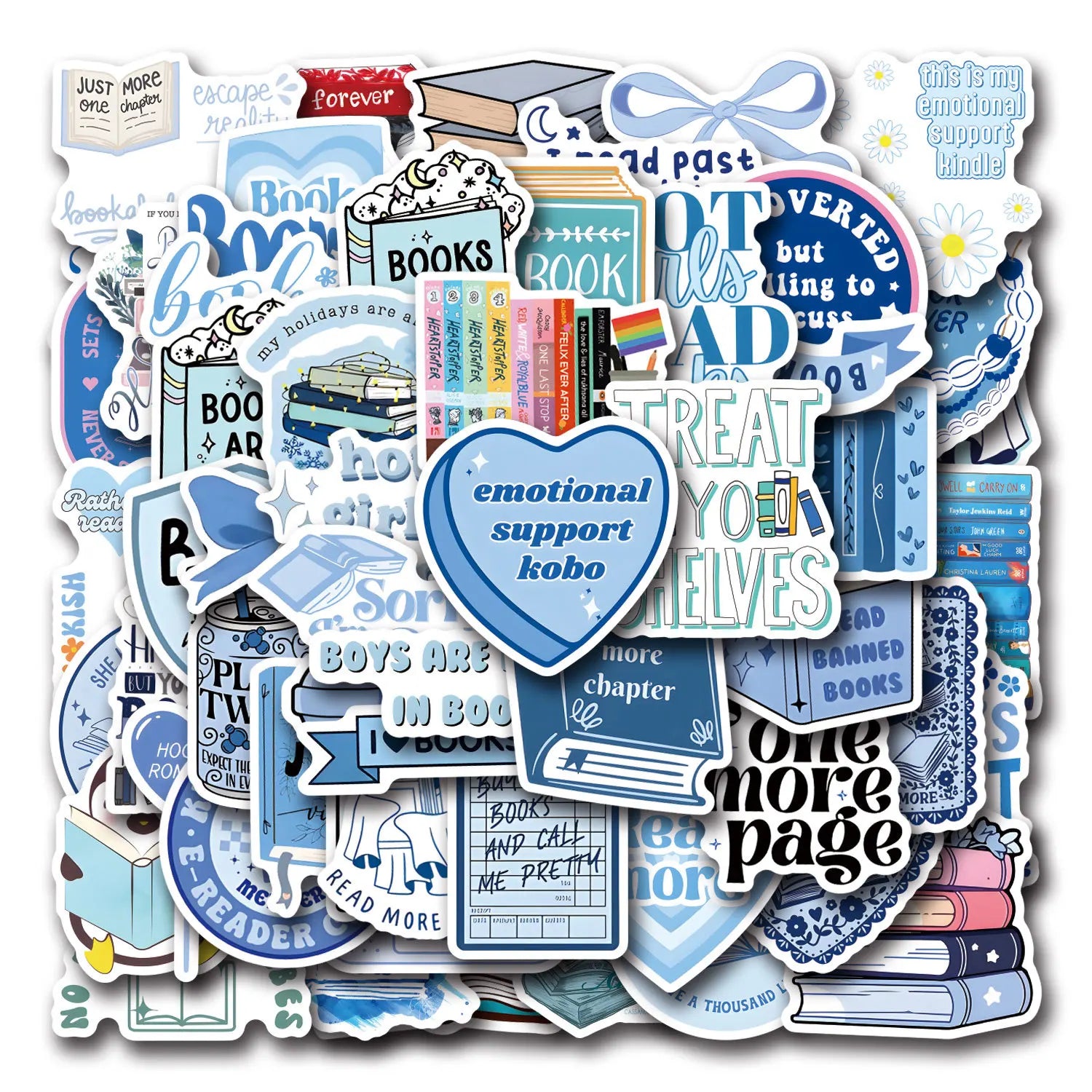 Collection of BookTok blue-themed bookish stickers with book and reader-related designs on a white background.