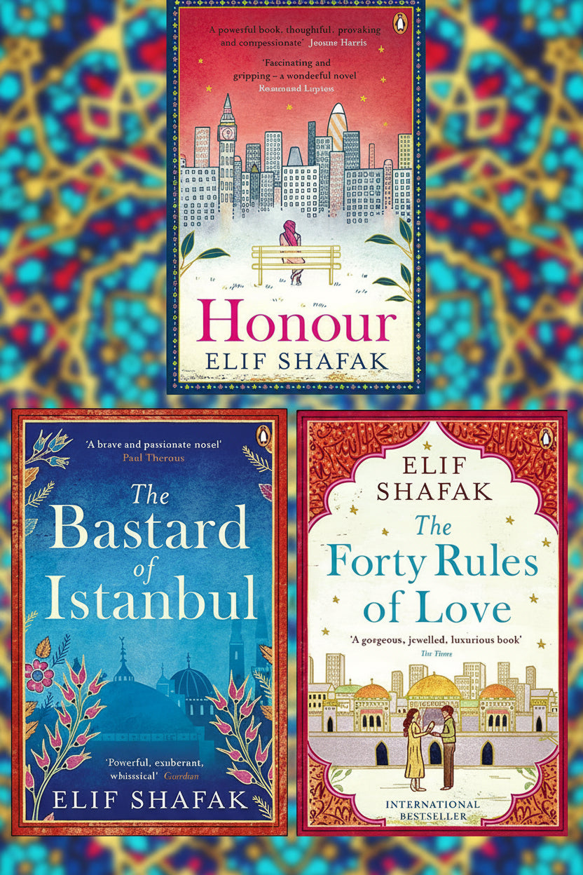 Book front cover display of 'Front book cover display of "Elif Shafak Collection: Three Book Box Set by Elif Shafak [ISBN: 9789124063276]' featuring all three book covers. 