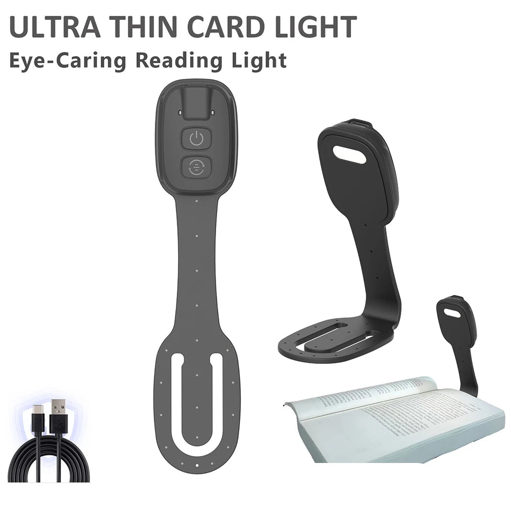 Ultra-thin card light with stand, USB cable, and power button on a white background