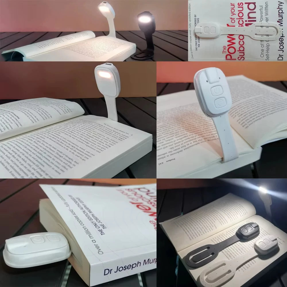 Collage of a white booklight being used on various books with different backgrounds.