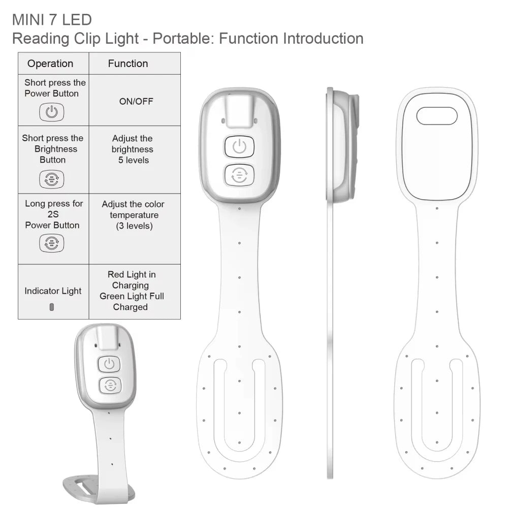 Portable reading clip light with control buttons and function introduction on a white background