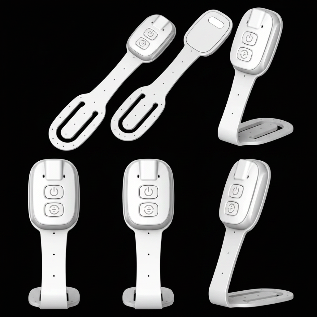 Six white electronic clip-on reading lights shown from different angles on a solid black background.