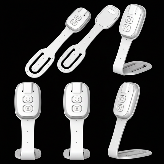 Six white electronic clip-on reading lights shown from different angles on a solid black background.