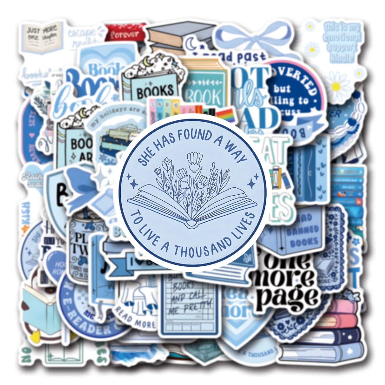 Collection of book lover multi-colored stickers with book and reading-related designs on a white background.