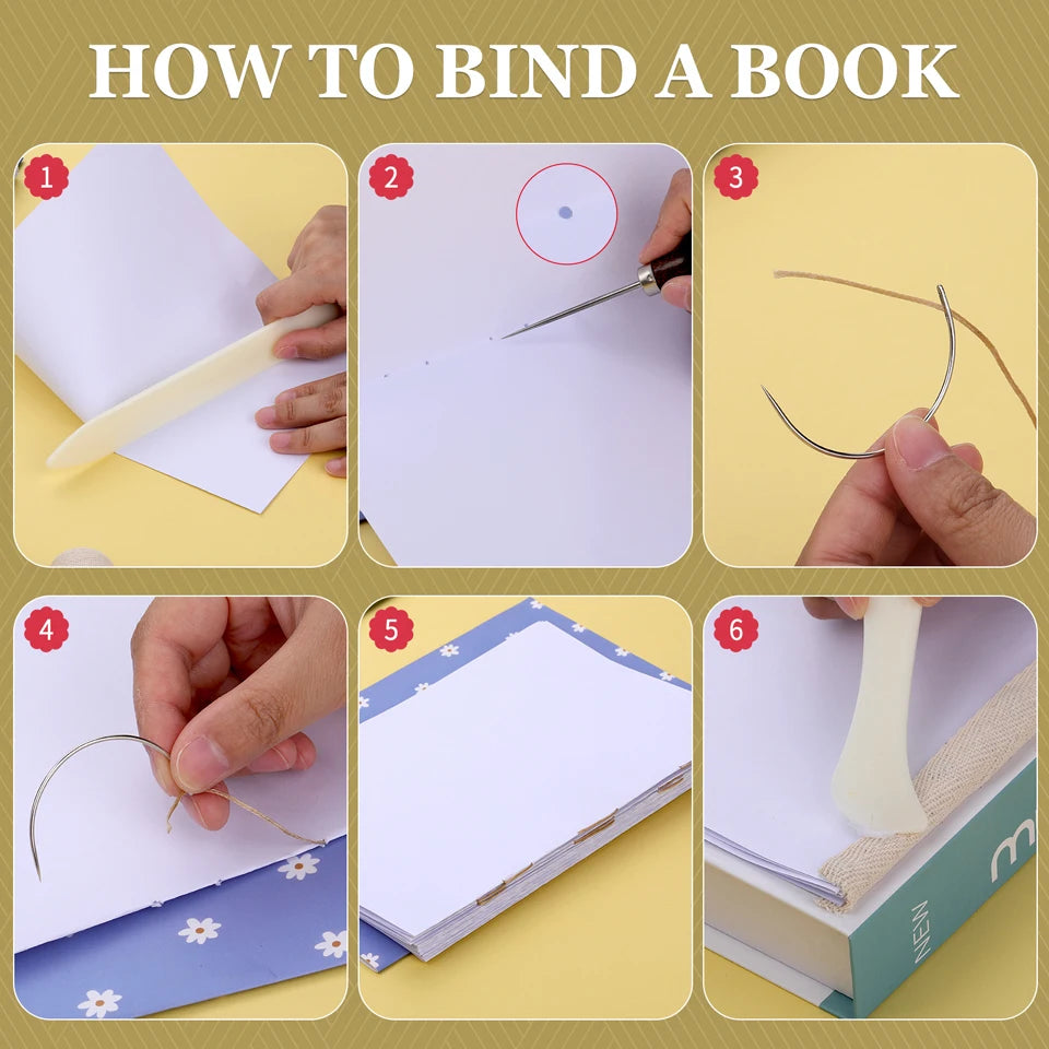 Step-by-step guide on how to bind a book with text overlay.