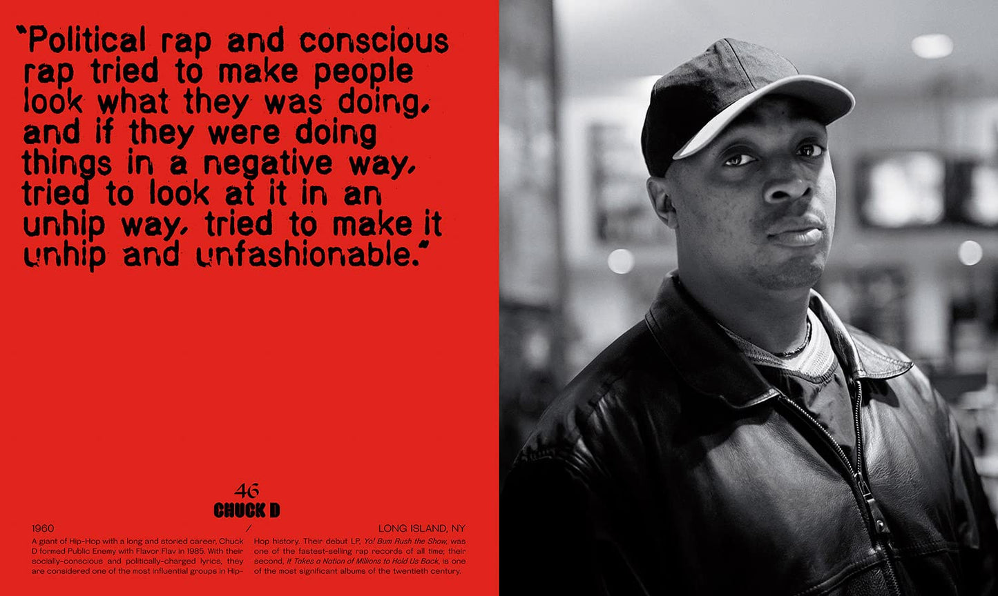 Section of the book "The Book of Rhyme & Reason: Hip-Hop [1994–1997]" by Peter Spirer, featuring Rapper Chuck D, front man of iconic rap group Public Enemy.