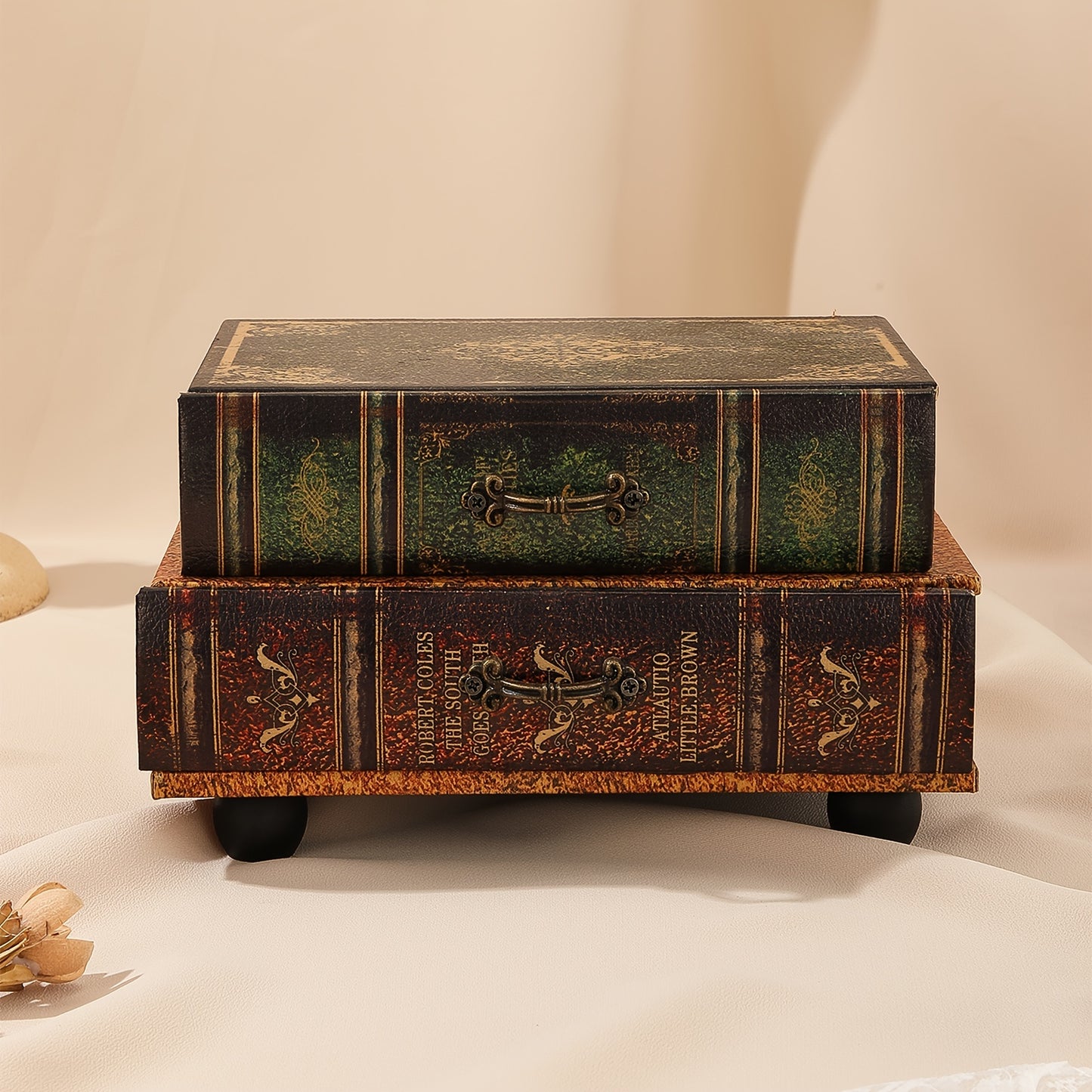 Decorative box designed like a book with a vintage appearance on a beige background