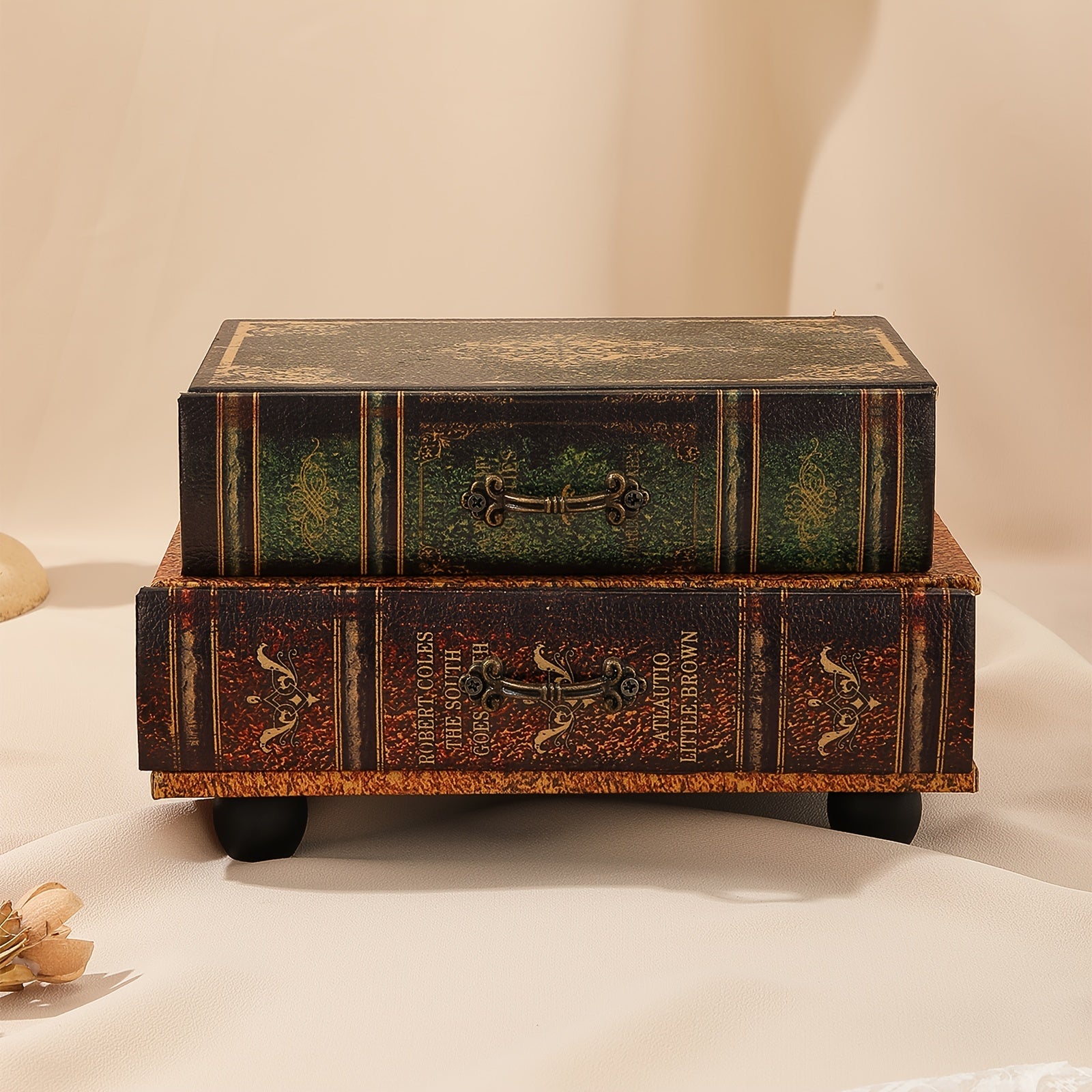 Decorative box designed like a book with a vintage appearance on a beige background