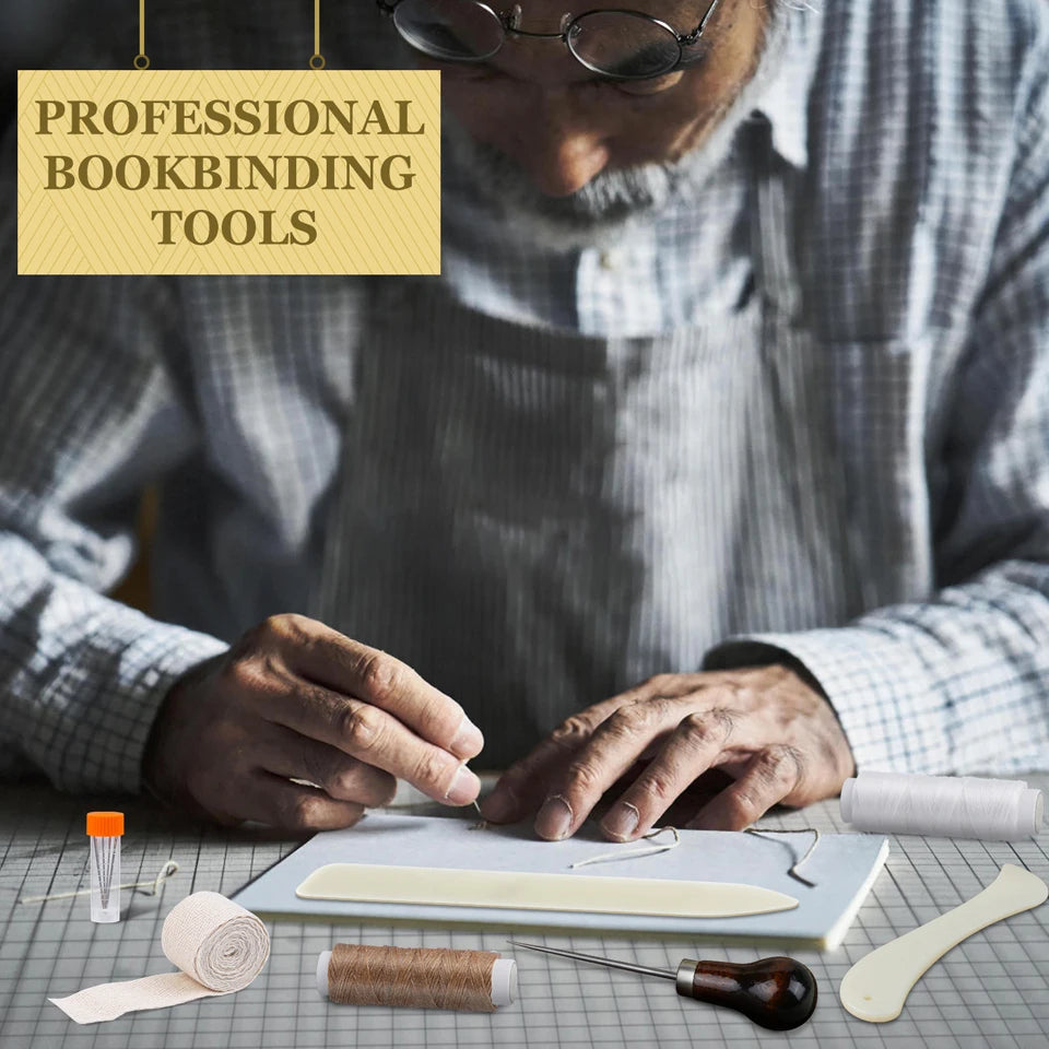 Person working with bookbinding tools on a table, with text 'Professional Bookbinding Tools'.