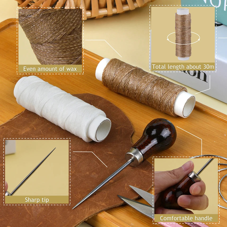 Bookmaking kit brown thread spool, white thread spool, leather tool, and close-up of thread quality on a wooden surface.