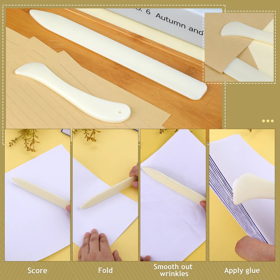 Bookmaking step-by-step process of using a paper folding tool with text labels on a wooden surface.