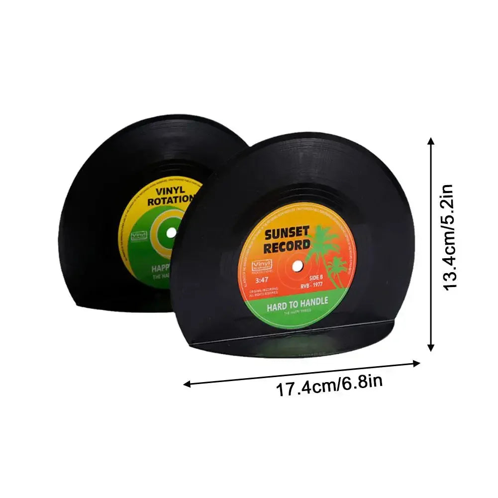 Retro vinyl record bookends standalone to show measurements of bookend item.