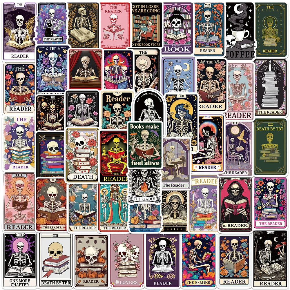 Collection of 'The Reader' book-themed tarot cards with skeletons and books on a grid layout.