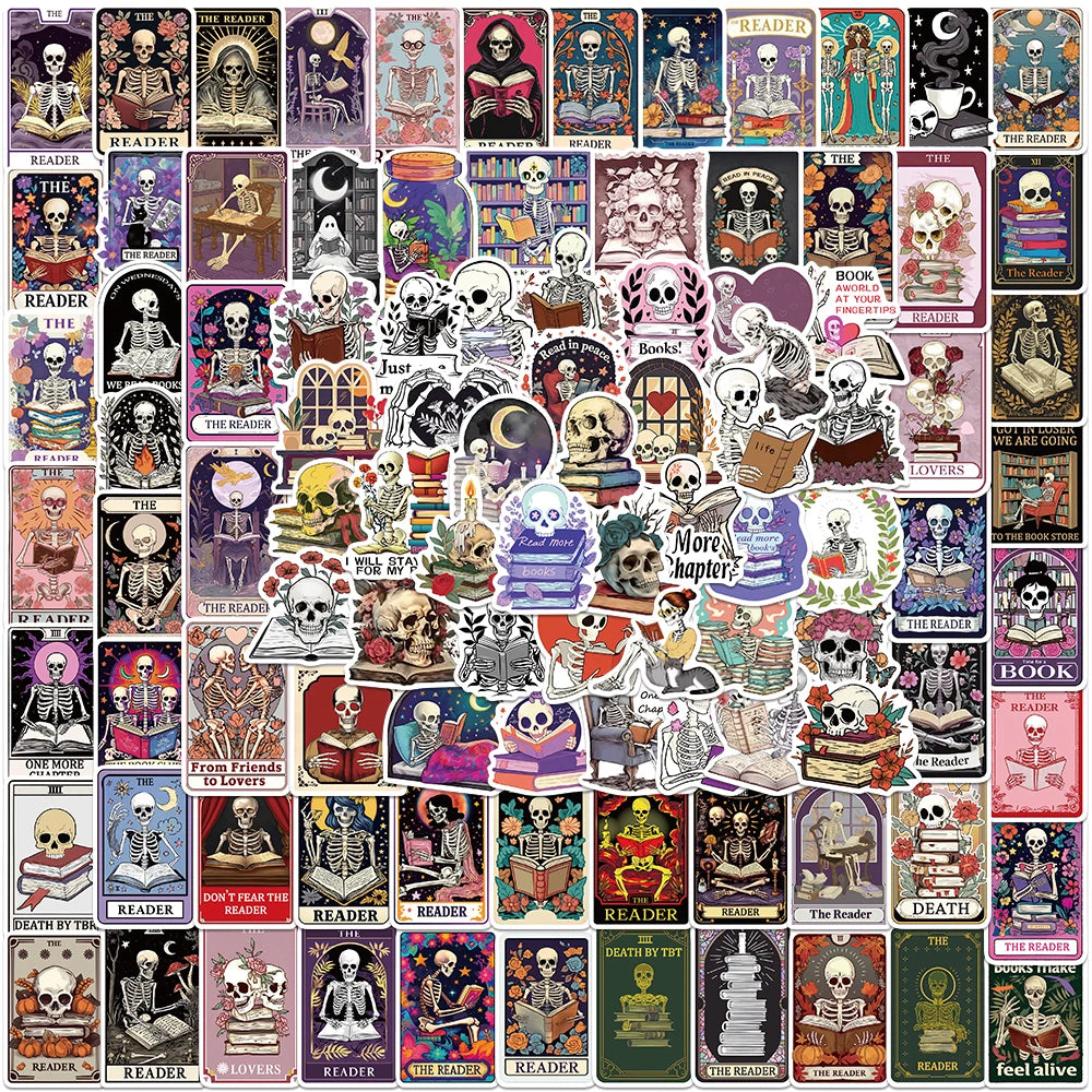 Collection of various skeleton-themed bookish reader stickers.
